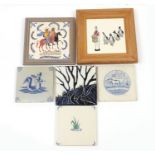 Carter & Co, five early Poole pottery tiles and a Shelley scraffito tile including one from the Play
