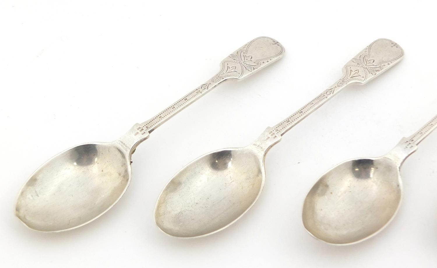 Francis Howard Ltd, set of four silver teaspoons with engraved decoration, Sheffield 1947, 13cm in - Image 2 of 5