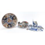 Japanese Imari porcelain dish and bowl together with a Chinese blue and white porcelain vase for