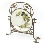 Art Nouveau brass and mirrored screen with bevelled plate hand painted with flowers, registered