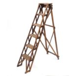 Vintage stained pine Jones patent folding ladder, 176cm high