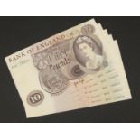 Five Bank of England G B Page ten pound notes with consecutive serial numbers comprising B50