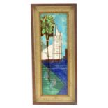 Pilkingtons, 1960's three tile panel hand painted with a Continental harbour scene, mounted and