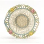 Belleek first period floral encrusted pierced porcelain basket, 23cm in diameter