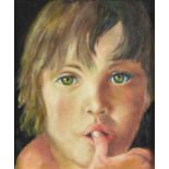 After Lucien Freud - Portrait of a boy, oil on canvas, framed and glazed, 29.5cm x 24.5cm