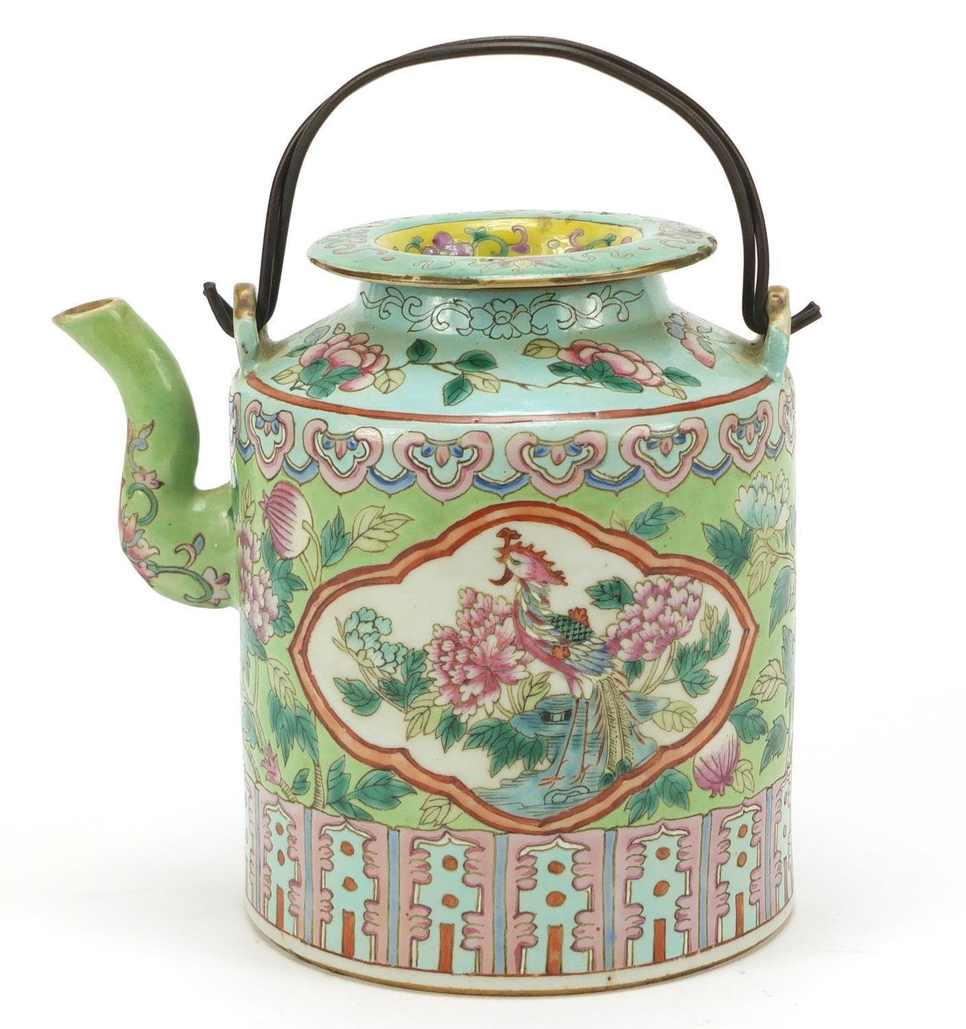 Chinese porcelain Peranakan Straits type teapot hand painted in the famille rose palette with panels - Image 2 of 12