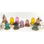 Ten colourful glass light pendants, five with fittings, each 24cm excluding the fittings