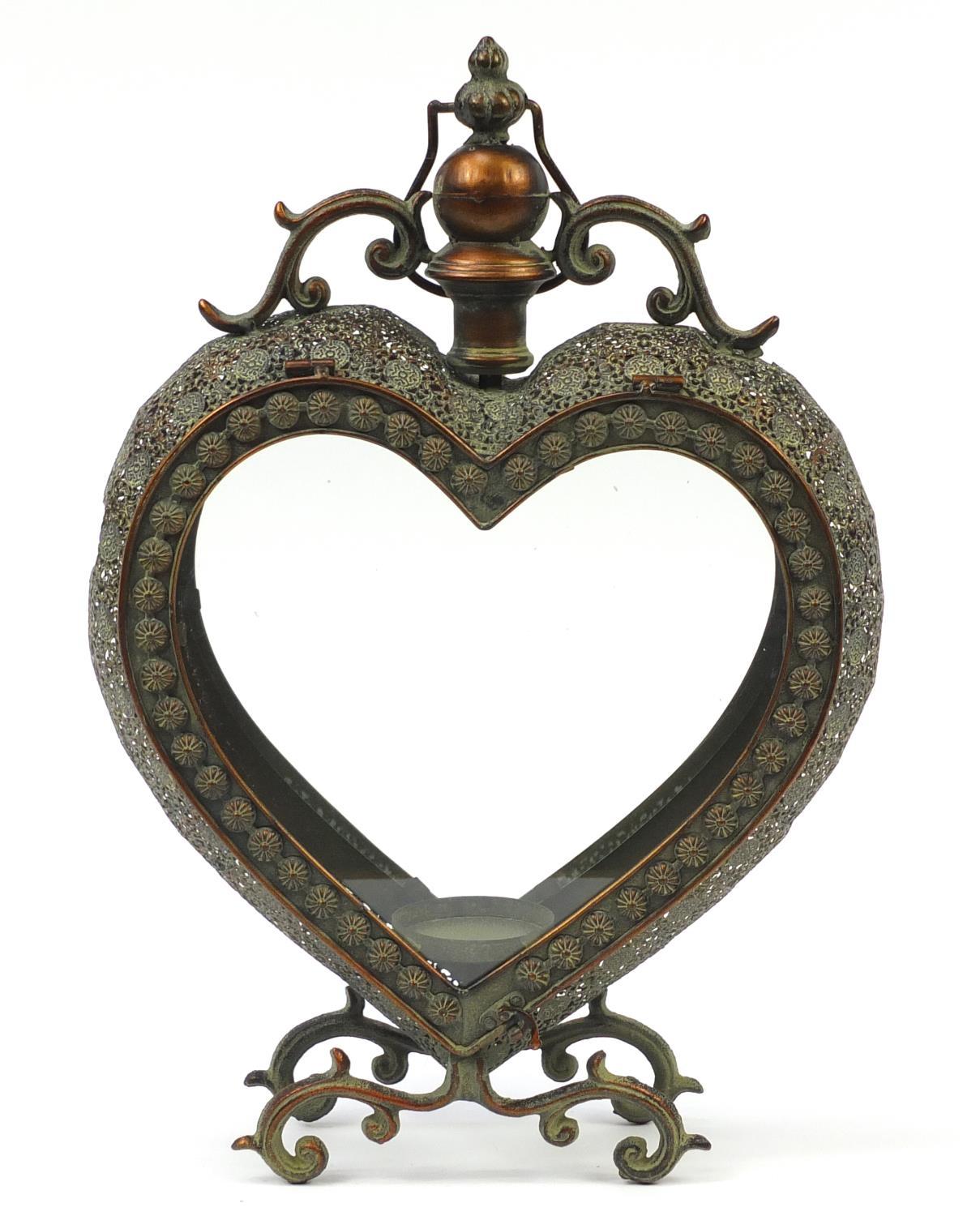 Pierced bronzed love heart design candle holder, 53cm high - Image 2 of 7