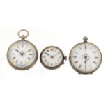 Two ladies silver pocket watches with enamel dials and a silver wristwatch, the largest 39mm in