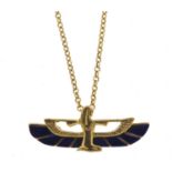 Egyptian Revival gold and lapis lazuli pendant on a 9ct gold necklace, 48cm in length, 3.6g
