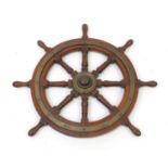 Large mahogany ship's wheel with brass mounts, 90.5cm in diameter