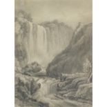 Waterfall with building on mountain top, early 18th/19th century pencil on paper, mounted, framed