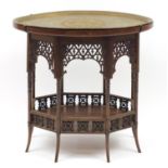 Liberty & Co, Moorish mahogany tea table with undertier and ornate brass lift out tray decorated