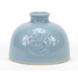 Chinese porcelain beehive water pot having a Clair-De-Lune glaze, decorated in low relief with