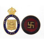 Two military interest enamel lapels including a WW1 National War Savings Committee Merit Badge,