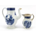 Early 19th century Pearlware coffee pot and a similar example, the largest 22cm high