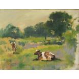 Cows grazing, 19th/20th century oil on canvas laid on board, bearing a signature A Talmage,