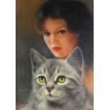 Portrait of a female with her cat, Continental school oil on canvas, bearing an indistinct