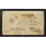 19th century five shilling bank note, framed and glazed