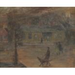 Figure walking a dog in a village, oil on canvas bearing an inscription verso, framed, 24cm x 19.5cm