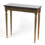 French gilt wood console table with black slate top, 76cm H x 76cm W x 31cm D