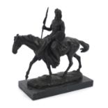 Large patinated bronze figure of an Indian on horseback, indistinctly signed to the reverse,