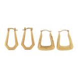 Two pairs of 9ct gold hoop earrings, the largest 2.5cm high, total 1.7g