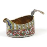 Russian silver and enamel jewelled Kovsh with gilt interior, impressed marks to the base, 16cm wide,