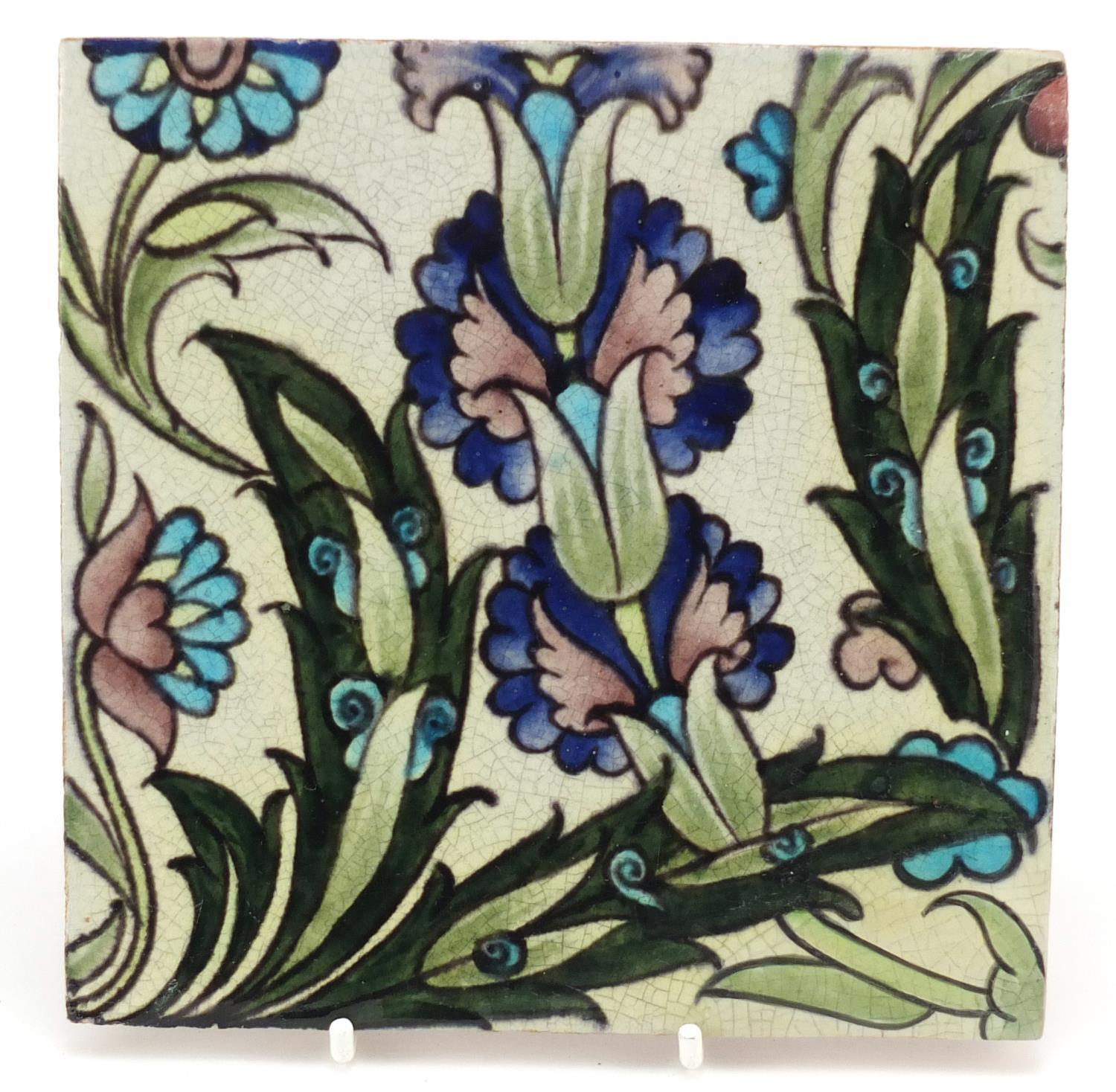 William de Morgan for Sands End, Arts & Crafts pottery tile hand painted with stylised flowers,