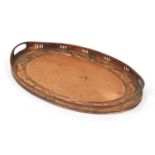 Newlyn, Arts & Crafts oval copper galleried tray having twin handles, embossed with fish and