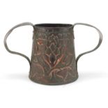 Large Arts & Crafts copper twin handled vase embossed with stylised flowers and motto, 21.5cm high