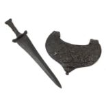 Victorian cast iron medieval style dagger and Gorget cast with a battle scene, the largest 39.5cm