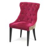 Pink and beige button back bedroom chair raised on square tapering legs, 94cm high