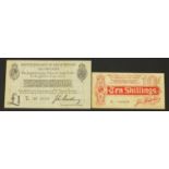 Two Great Britain John Bradbury Treasury bank notes comprising ten shillings, serial number 845030
