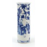 Large Chinese blue and white porcelain sleeve vase hand painted with figures in a palace setting,