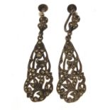 Pair of antique style silver marcasite drop earrings, 5cm high, 10.2g
