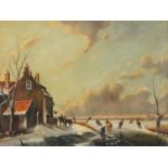 Winter landscape with figures skating and windmill, Dutch school oil on wood panel, bearing a