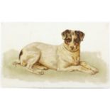 White opaline glass panel hand painted with a Jack Russell, 25cm x 15.5cm