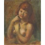 Portrait of a nude girl, French school oil on canvas laid on board, details verso, mounted and