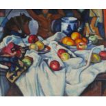 Still life fruit and vessels, Scottish Colourist school oil on board, framed, 60cm x 49.5cm