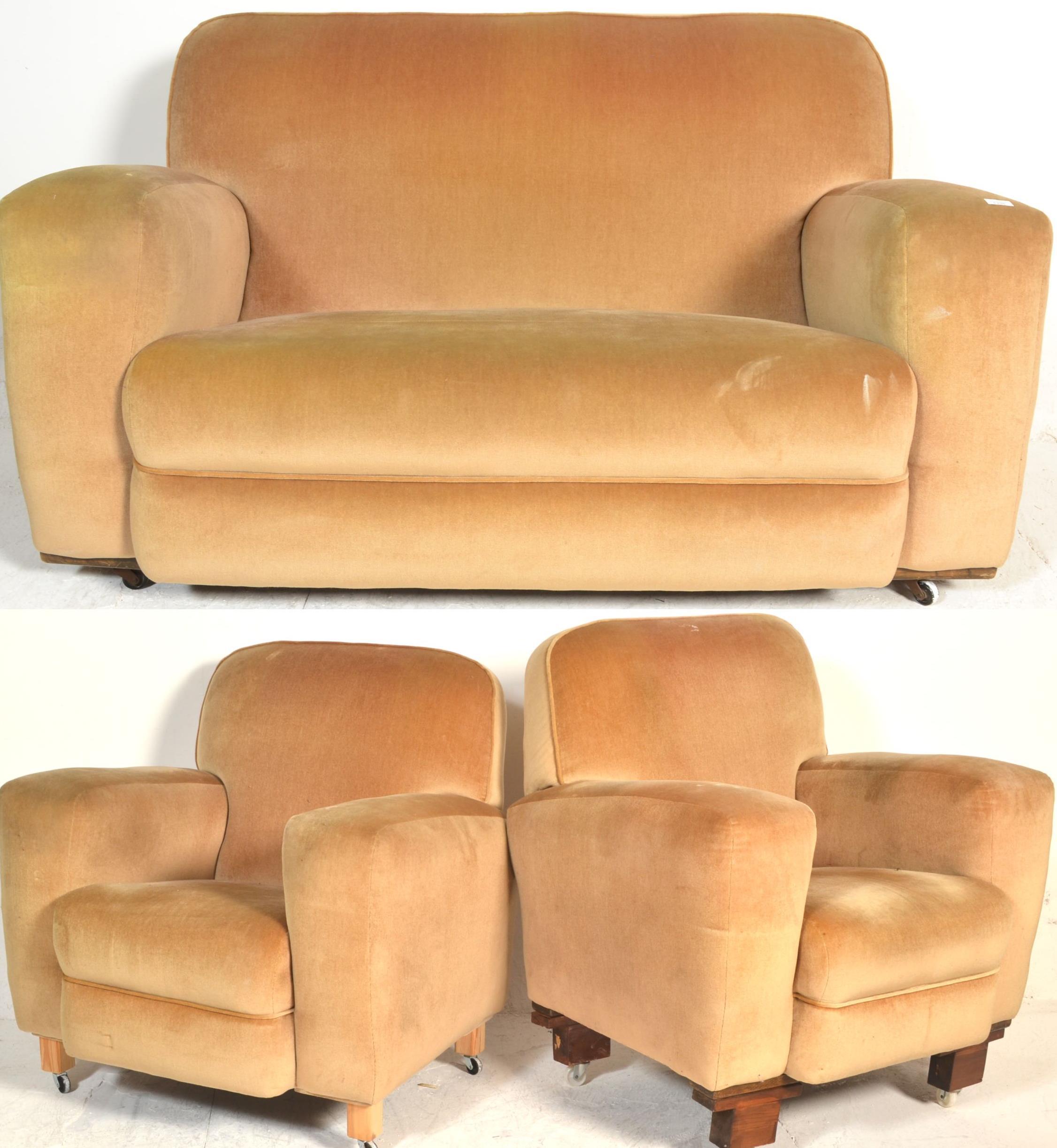 A 1930's Art Deco three piece suite comprising pair of armchairs and a two seat sofa settee being - Image 12 of 12