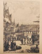 A 19th Century etching on paper depicting a dockyard scene with a moored ship with slaves