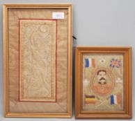 A 1st World War hand embroidered silk depicting Lord Kitchener surrounded by the flags of France,