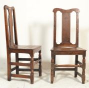 A pair of  late 17th / 18th century North Country oak hall chairs. Each with Queen Anne back