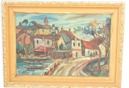 George Hann (1900-1979) - A 20th Century oil on board painting depicting a continental waterside