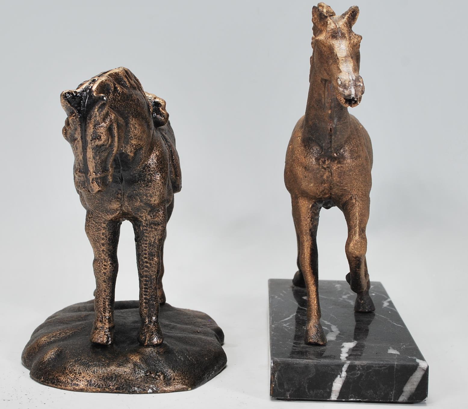 Two cast iron figurines of horses to include one of a running stallion raised on a marble plinth - Image 2 of 5