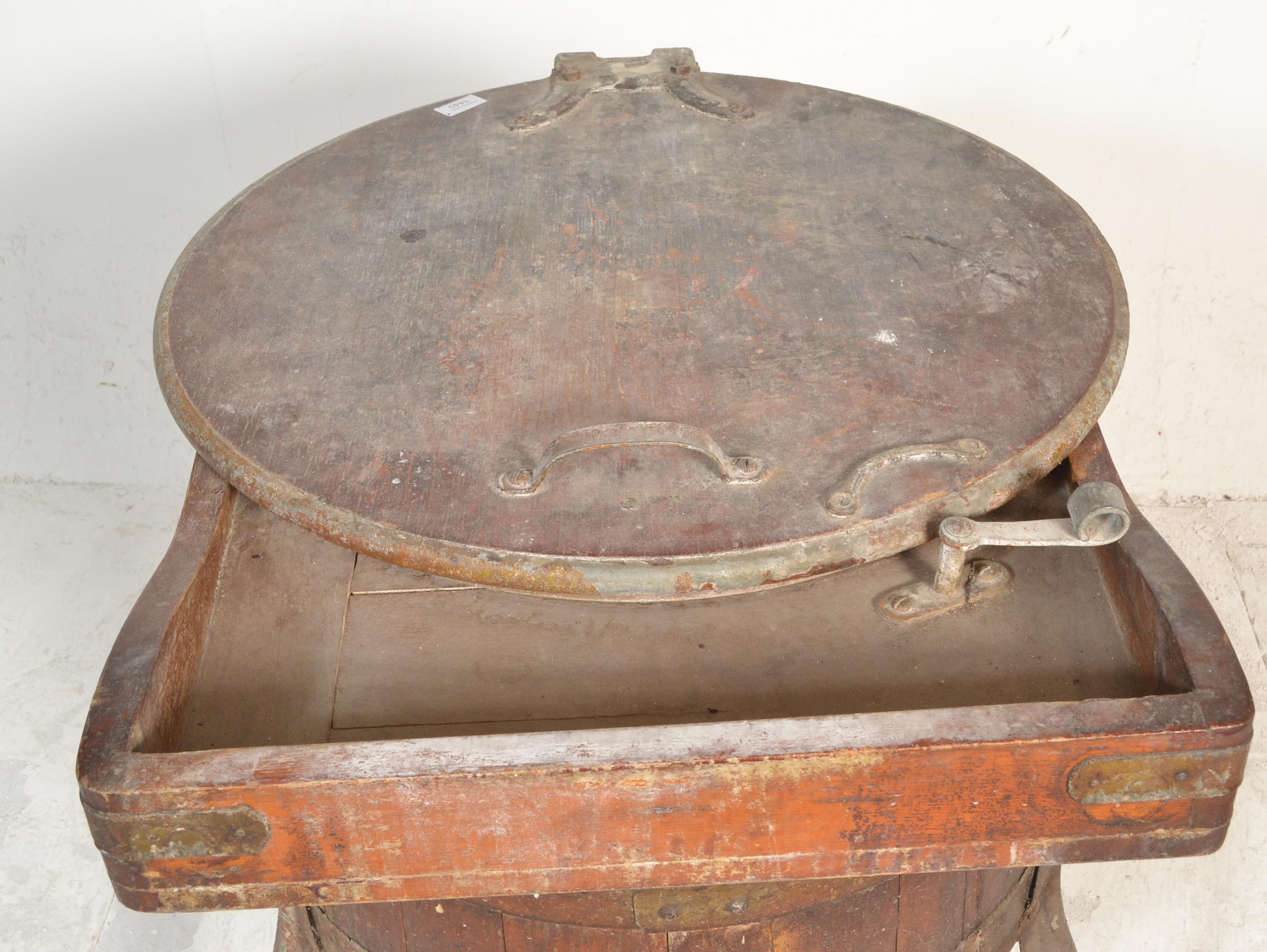 A 19th century coopered oak barrel washing / machine. The oak sectional barrel with coopered - Image 4 of 7