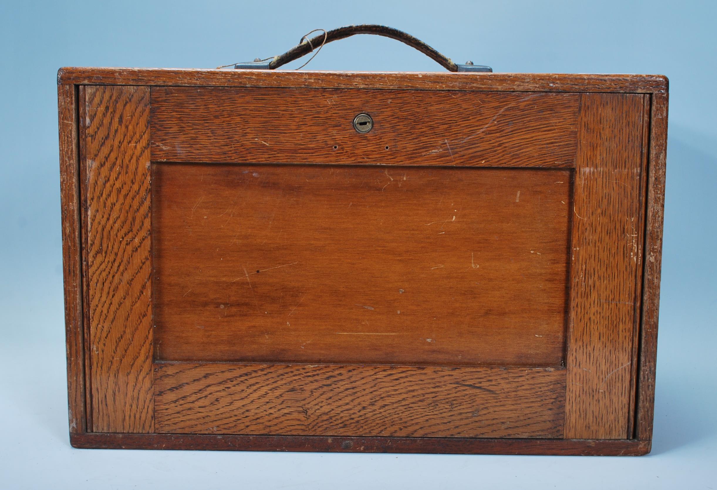 A vintage 20th Century oak engineers case, fall front revealing lined drawers containing engineers - Image 7 of 7