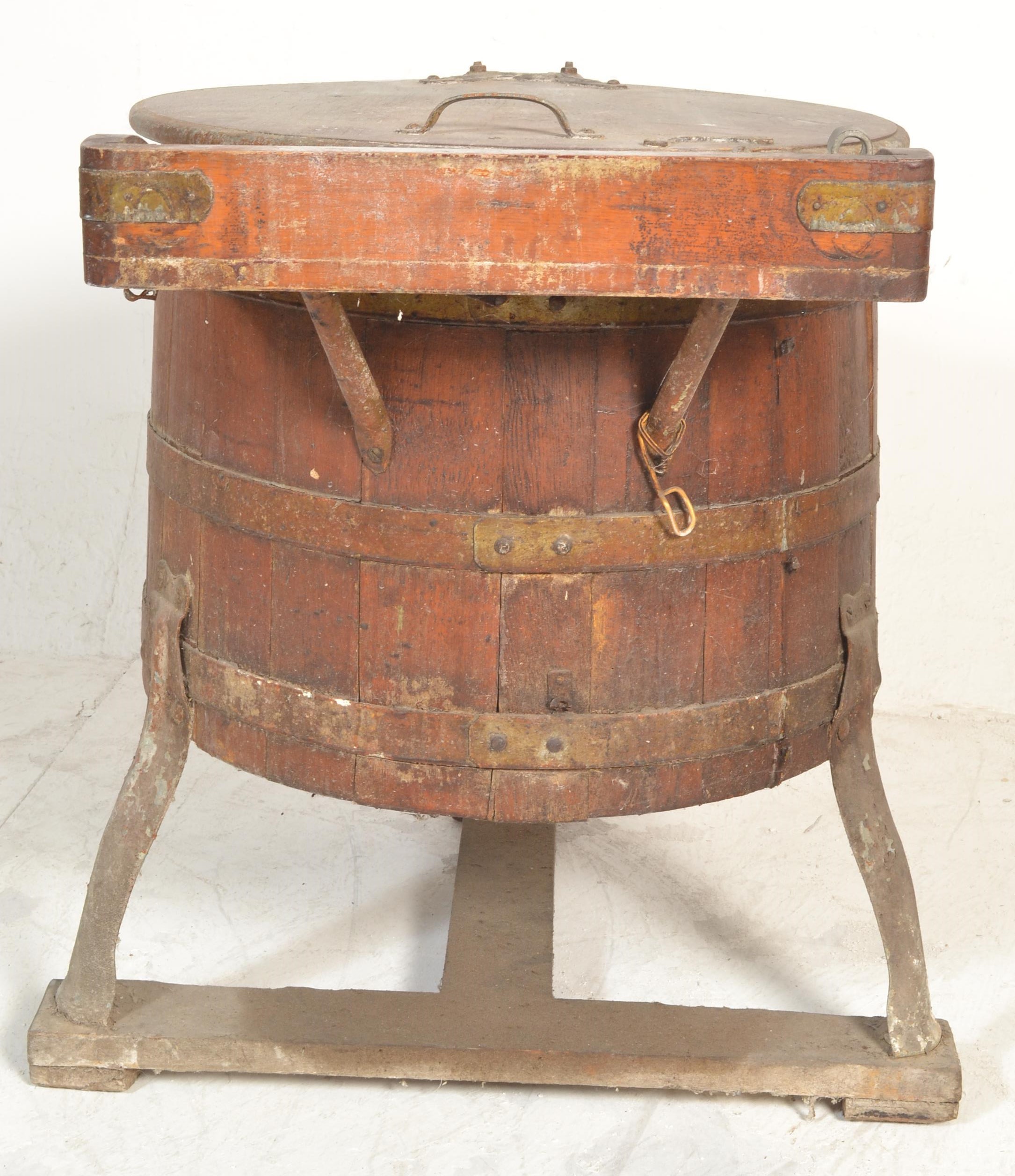 A 19th century coopered oak barrel washing / machine. The oak sectional barrel with coopered - Image 3 of 7