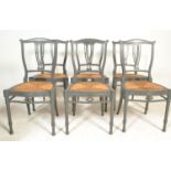 A set of six 19th Century shabby chic grey painted mahogany splat back dining chairs, drop in rattan